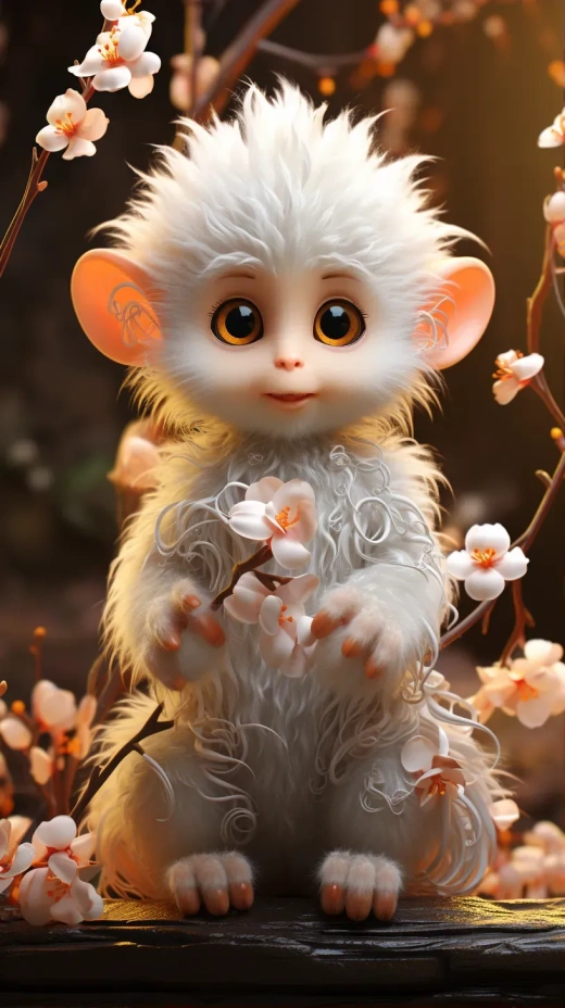 可愛的幻想嬰兒白猴子，全身細節豐富的3D動畫，以中心對稱呈現，背景是桃花盛開的美景，色彩斑斕的Octane渲染效果，類似皮克斯風格。