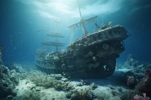 深海研究员发现古代沉船与历史遗迹，8100 OCTANE渲染，32K UHD高清图片