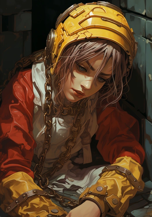 機械美少女，頭戴鏈子，手臂伸入堵塞下水道管道，唯美的線條勾勒，真實的人體解剖，引人注目的限定色調。
