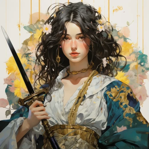 剑之舞：Yoh Nagao风格的女性角色，精细的彩色线条和Kintsugi工艺，Eleanor Fortescue-Brickdale描绘的古老漫画风格，细节丰富的面部特征