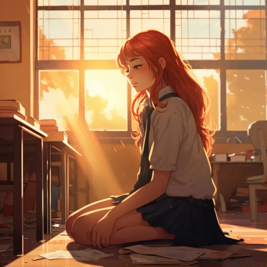红发女孩坐在空教室地板上，背影侧视，黄色阳光洒落，笔尖在书写桌前流转，如宫崎骏的奇幻插图风格。