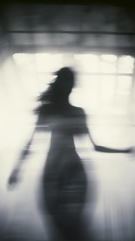 模糊運(yùn)動(dòng)中的女人輪廓，以Tami Bone、Ando Fuchs和Jay DeFeo的風(fēng)格捕捉到的自發(fā)性和流動(dòng)性，使用Light Gray Rollei Prego 90拍攝，帶有強(qiáng)烈的粗糙顆粒噪聲的紅外膠片。