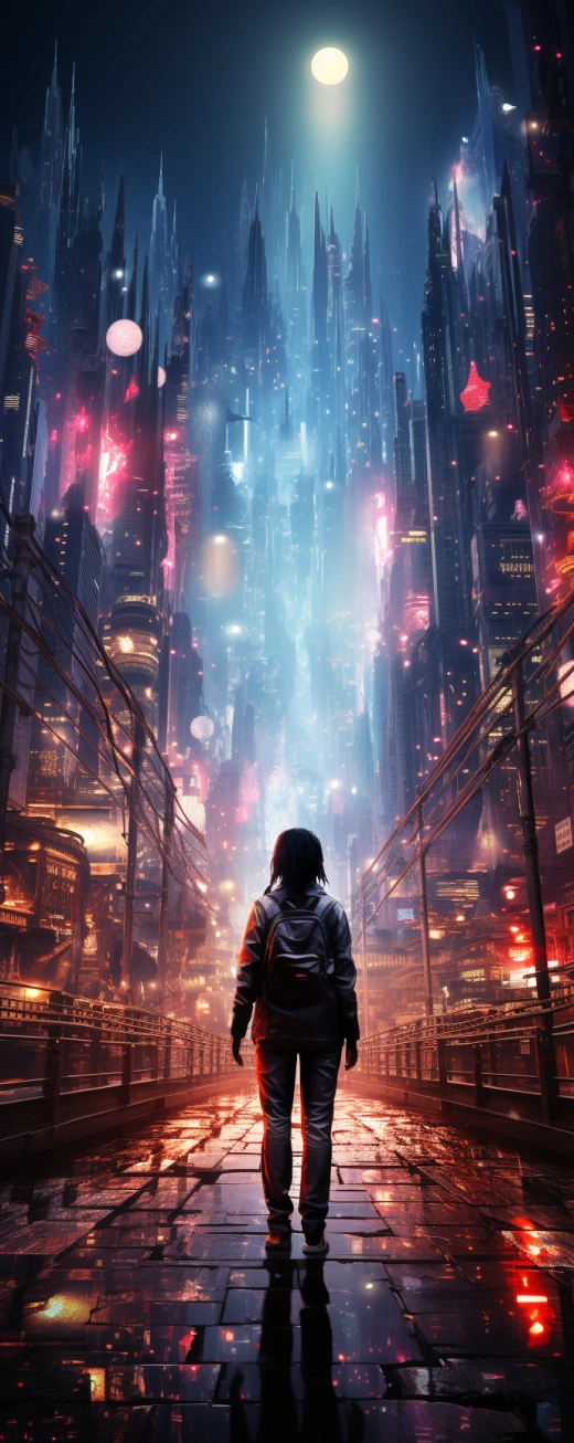 夜幕中，刺激視覺的Anime時尚朋克美女在亮眼的未來城市中漫步，以秋葉原為靈感，色彩鮮明，32K超高清，呈現出Kantoku風格，令人驚嘆的細節和立體感。