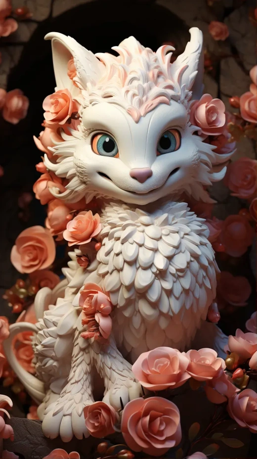 可愛奇幻寶貝：白色中國龍，全身細節豐富，對稱中心設計，桃花背景，絢麗Octane渲染，類似皮克斯風格。
