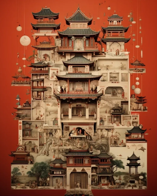 中式风格，室内陈列各类文物，细节丰富，构图紧密，比例为4:5的图片标题可以是：“中式古宅文物展”。