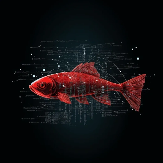 黑暗水底紅色魚群游動，編碼光點翩然漂浮