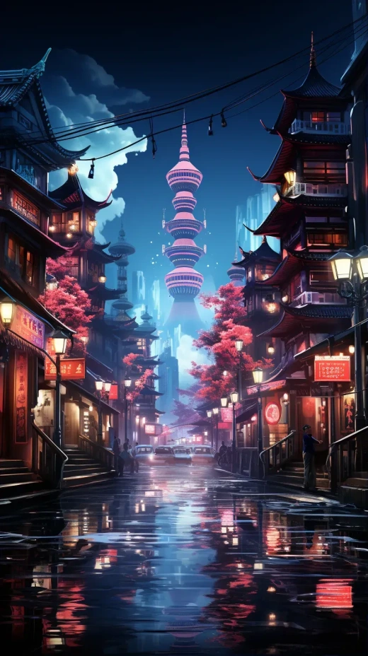賽博朋克之城：霓虹燈閃爍的繁華街道與夜總會燈光，細膩逼真的4K分辨率，Ilya Kuvshinov的藝術之作。