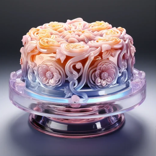 這是一個關于月餅的3D渲染圖片，圖片中有一個半透明玻璃材質的身體，身體上有粉色和藍色的漸變背景。圖片采用了右全模型等距視圖，背景是白色8K高清。