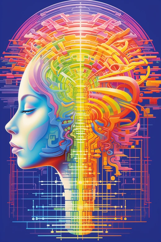 科幻現(xiàn)實：色彩斑斕的女性頭像，液態(tài)金屬般的抽象圖案，超高清細致插畫藝術(shù)
