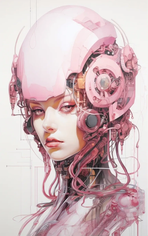 达芬奇风格技术绘：粉色唇色的女性机械人，细节丰富的粉色元素