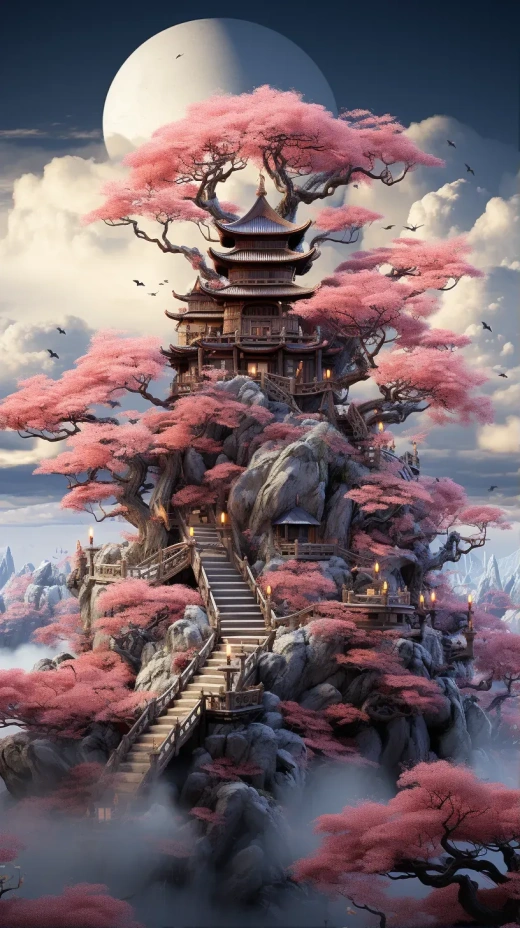 夢幻之景：粉色云朵中的中國樹屋