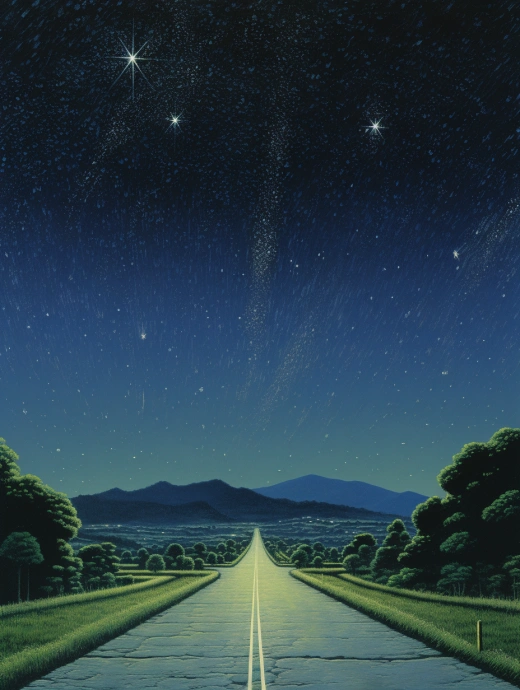 夜幕高速，車燈璀璨：川瀬巴水的高空視角表現主義公路畫