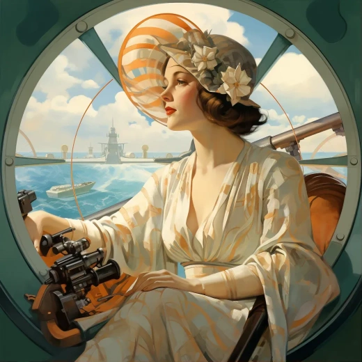 1940年，四十岁的艺术装饰风格女士，高社会阶层，戏剧女演员，拥有海洋邮轮、火车和飞机工程背景，以阿尔丰索·穆夏的风格呈现。
