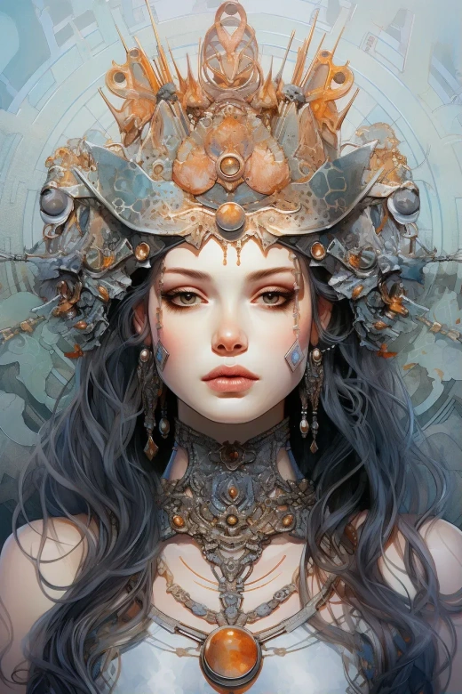 水彩與墨畫：閃耀光輝背景上的笑臉賽博海王星女王，融合古禪美學、禪宗符號、凱爾特圖案、瓦肯冥想、科幻符號，印度墨水手繪，漫畫學院風格，磨損刮痕，黑色天鵝絨，金色箔，古銅色與深銀色，極簡主義。