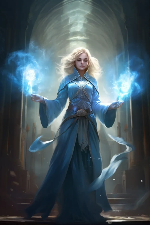 在您的描述中，您提到了關鍵詞如“monk cleric woman”、“blonde”、“blue and black robes”、“casting mystical aura”、“gorgeous”、“full body”和“fantasy art”。這些關鍵詞似乎描繪了一個美麗的女性僧侶，她穿著藍黑色長袍，散發出神秘的氛圍。根據這些信息，我為您生成了以下標題：神秘之美：金發女僧侶的奇幻藝術