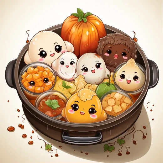 熱辣火鍋大揭秘：笑臉湯底，圓眼食材一覽無余，可愛卡通手繪，純白背景扁平清晰！