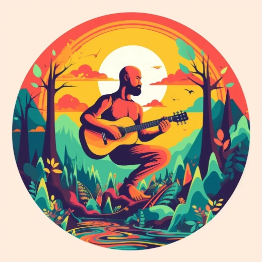 90s复古风：绿林中的吉他瑜伽士，彩色圆圈logo设计