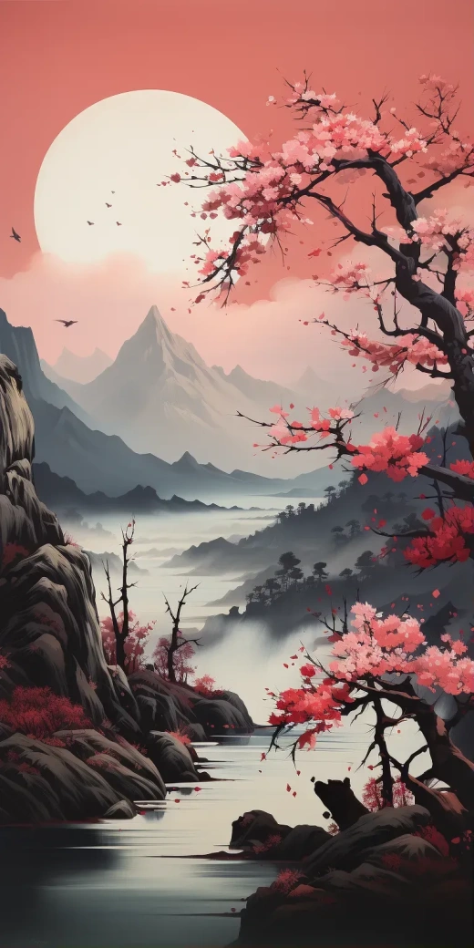寧靜的櫻花盛開，遠處山巒朦朧
