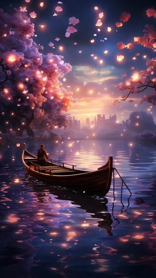 秋夜天空，心形云彩，水晶湖映照花船仙境