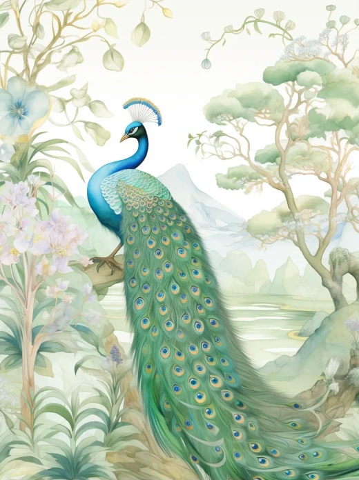 夢幻山水畫中的孔雀與花園