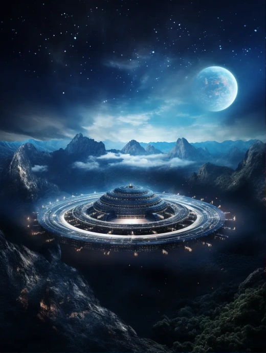 星空背景中，藍色和黑色色調(diào)的圓形太空船與真實景觀圖片