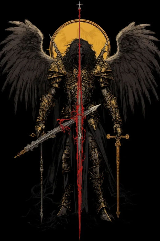 武士天使长米迦勒手持十字架，黑金朋克风格，黑暗正统图标，插图：托德·麦克法兰