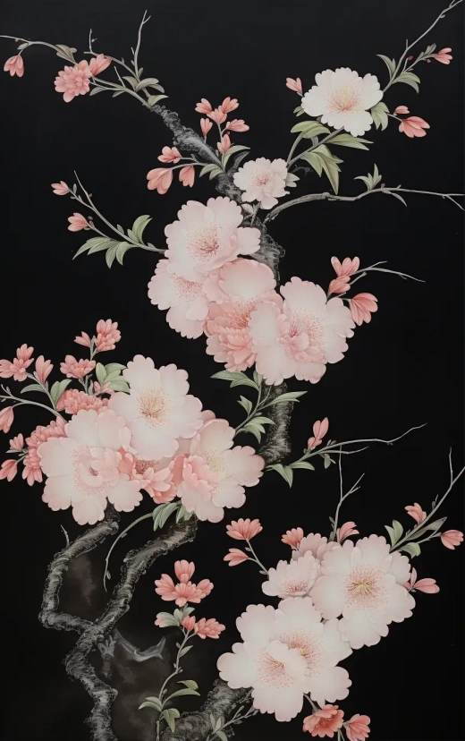 東方風格花鳥畫墨紙壁飾，淡粉與淺灰調，Talbot Hughes傳統中國風，細膩水墨，壁紙，Kinuko Y. Craft標志性。