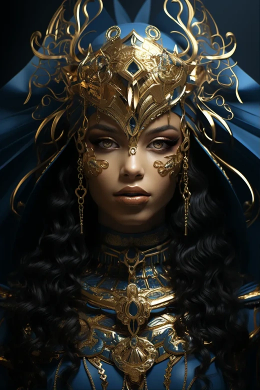 非洲赫达的奇幻插图：黑暗蓝金风格，马格丽·维莱纳，埃及神话，女王主题，32K uhd，深白与蓝色。