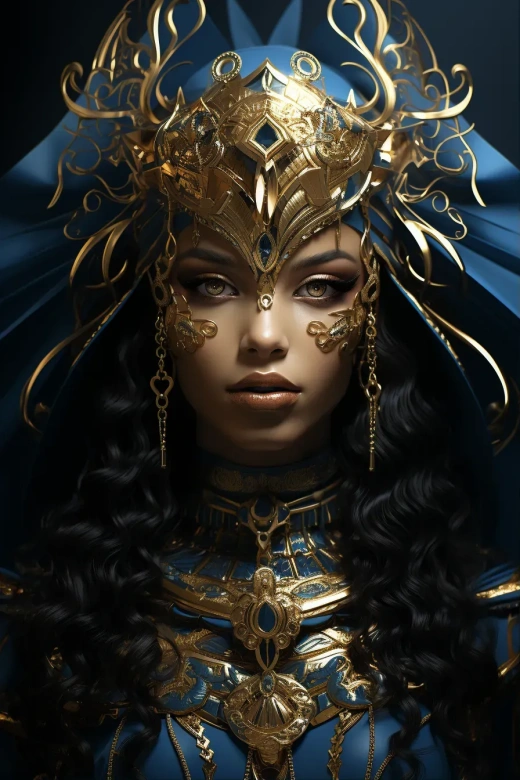 非洲赫達的奇幻插圖：黑暗藍金風格，馬格麗·維萊納，埃及神話，女王主題，32K uhd，深白與藍色。