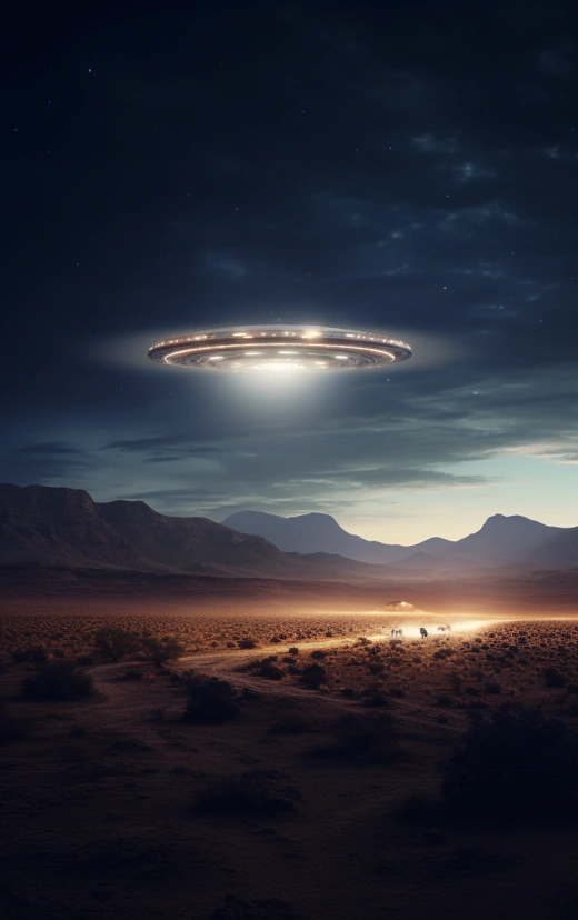 個真實而令人神秘的場景：夜晚的沙漠中，一架UFO正處于行星地球上空