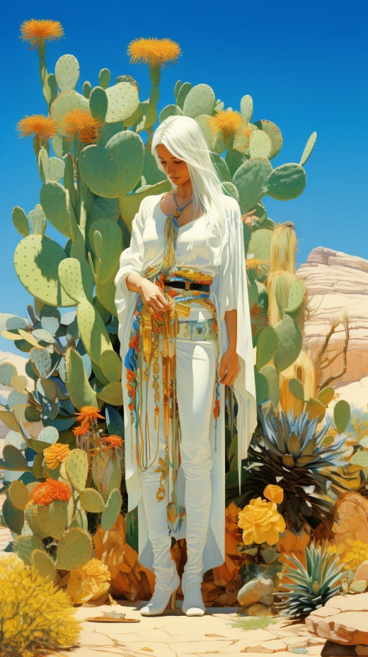 《夢幻角色設計：Moebius與Maxfield Parrish的驚艷合作，美麗白發女性未來植物學家獨立于完美溫室中，身邊是奇異生命形態》