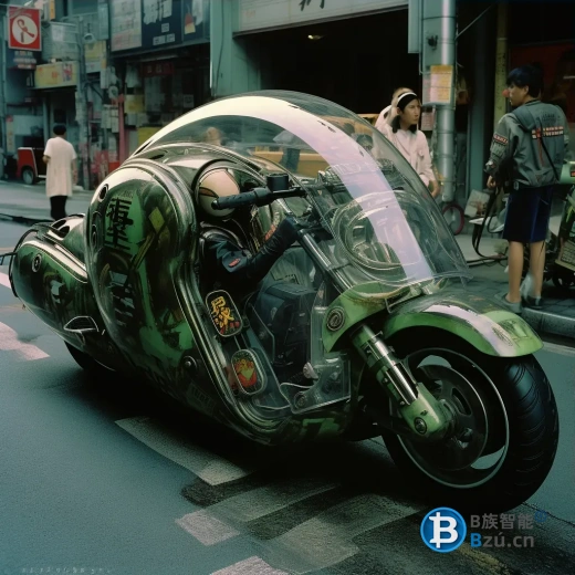 未来主义赛博朋克巨型绿色川崎忍者，透明圆顶内贴满日本贴纸，在东京 
