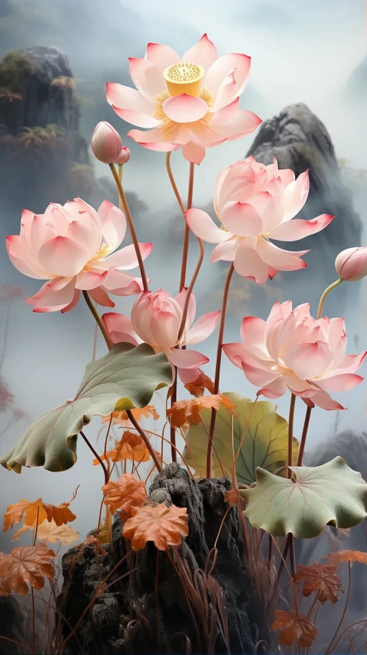 高清8K：晨雾中的透明粉红莲花，圆润饱满水晶花瓣，蜿蜒花朵与翠绿嫩叶，精致细腻的花艺风格。