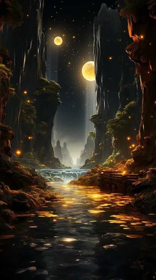 星光瀑布：奇幻光影下的金黃之水