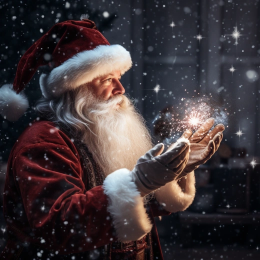 雪夜中，圣誕老人吹出魔幻的圣星，令人陶醉