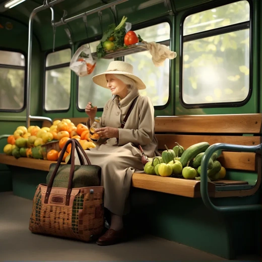 一位女士攜帶籃子登上公交車，占據所有座位，籃子里裝滿了各種食物和種子。
