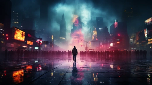 《銀翼殺手2049》般的夜雨都市：霧中霓虹，懸浮車行。