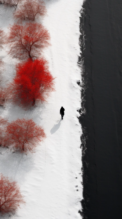 雪中行走，紅色痕跡，空中俯瞰，超現實極簡，引發無限遐想