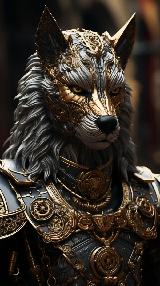 史詩般的4K/8K超高清：擬人化的雄壯狗騎士，精細盔甲與金屬花紋的完美融合，電影級光影效果，Unreal Engine引擎渲染。