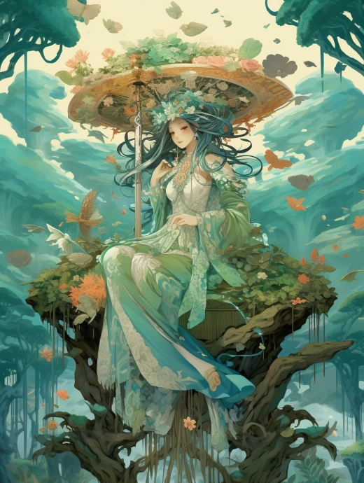 清涼夏日，夏玉藍(lán)的仙女坐在竹椅上，翩然而至，展現(xiàn)漢代風(fēng)采，魔法之波涌動(dòng)，唯美層疊，如幻如真。