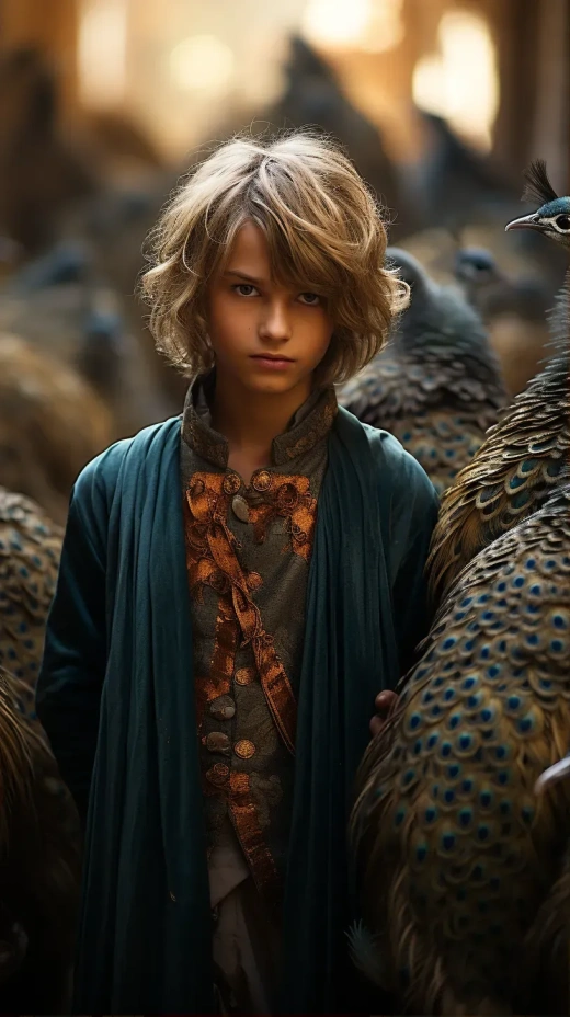 15歲奧托曼王子與孔雀共舞，奧托曼皇宮內，IMAX 70mm高清8K全景照片，自然光影下的完美瞬間。