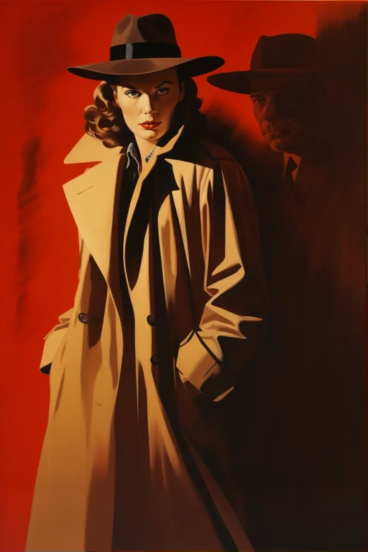 1940年代警匪風彩色畫：英俊男子與美麗女子共面紅墻，陰影中的恐懼