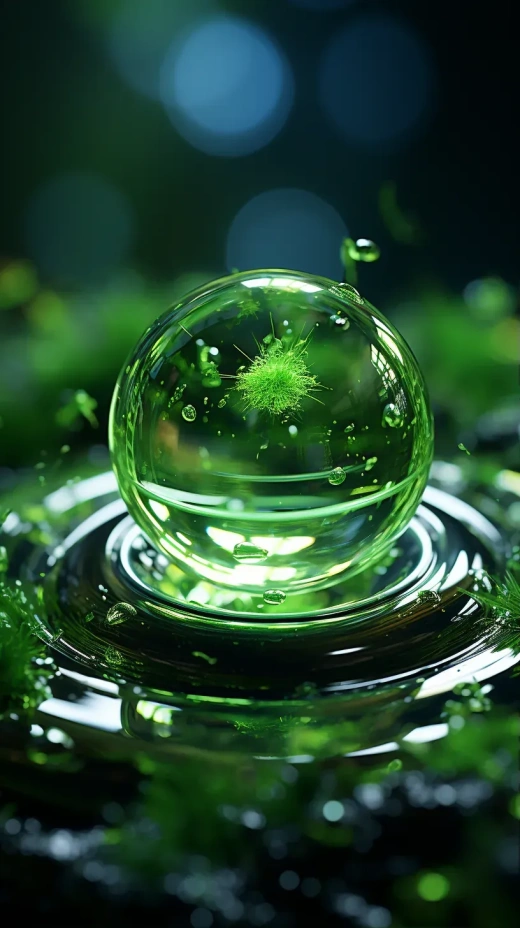 绿色背景中的旋转水晶球，光线透射水滴流动效果