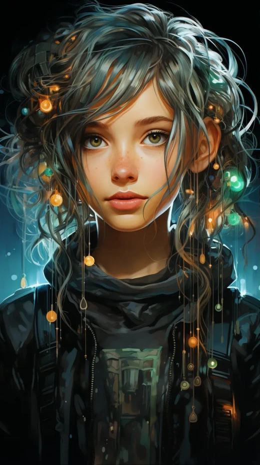 夢幻仙子：17歲美少女，魚鱗般閃亮發絲，綠發編結如畫，神秘魅力照亮面孔