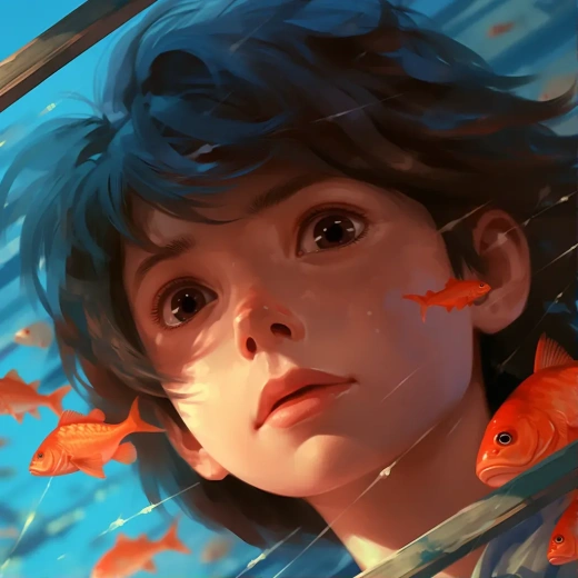 夢幻水中男孩與紅魚的近距離對視