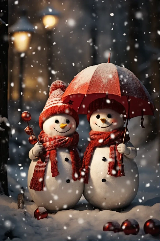 冬雪霓虹：雪人持傘圣誕卡的黑暗紅與淺灰風格Daz3D裝飾畫