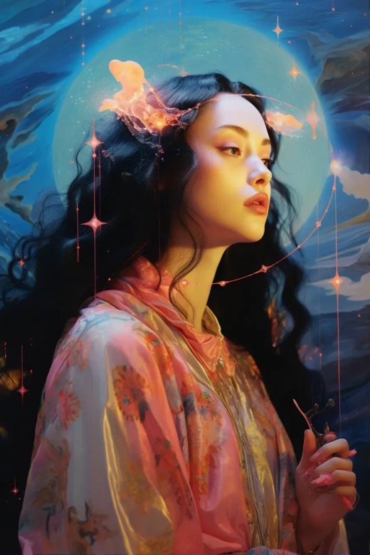 超凡逼真超細節油畫，彼得拉·柯林斯拍攝的亞洲神秘女祭司肖像，電影星光黃昏光影