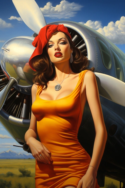 绚烂色彩，高质量的美国油画：女人站在小飞机后面，风格借鉴迈克尔·谢瓦尔与理查德·菲利普斯，真实细致的细节，经典美式车辆，繁忙景观，浪漫插画，乔·贾斯科的魅力。