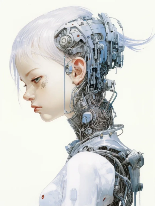 魅力機械公主：13歲半身肖像，白皙肌膚，藍眸細節豐富，作者：tsutomu nihei