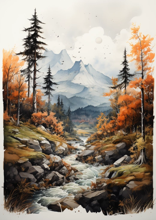 一幅以山脈為背景的水彩畫